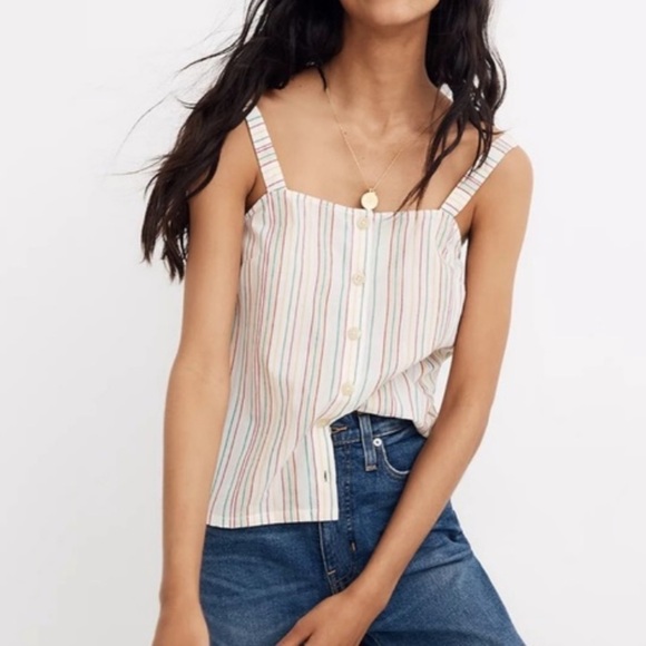 2/25 MADEWELL Rainbow Stripes Cami Top Tank Button Front Shirt Tuck Summer M - Picture 1 of 5